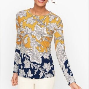 Talbots Petite Small Tee | Long Sleeve Yellow Blue Floral Print Stretch Fall NWT